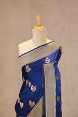 Royal Blue Semi Satin Silk Saree with Bird Motif Gold Zari Weaving