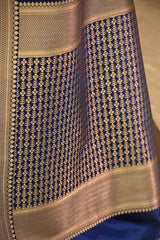 Royal Blue Semi Satin Silk Saree with Bird Motif Gold Zari Weaving