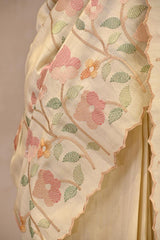 Beige Semi-Tussar Saree with Multicolour Floral Embroidery