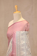 Nude Pink Semi Tussar Saree with Madhubani Printed Border and Pallu
