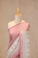 Nude Pink Semi Tussar Saree with Madhubani Printed Border and Pallu