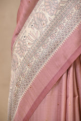 Nude Pink Semi Tussar Saree with Madhubani Printed Border and Pallu