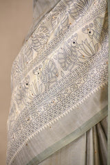 Sage Green Semi Tusser Saree with Madhubani Printed Border