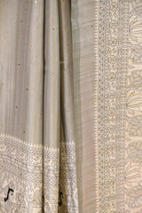 Sage Green Semi Tusser Saree with Madhubani Printed Border