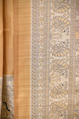 Mustard Yellow Semi Tusser Saree with Madhubani Printed Border