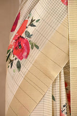 Off-White Semi-Tussar Saree with Digital Floral Prints