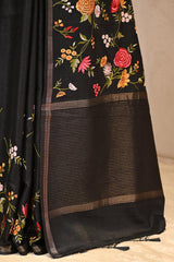 Black Semi-Tussar Saree with Multicolour Floral Embroidery