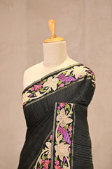 Black Semi Tusser Saree with Zari stripes and Floral Embroidered Border