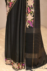 Black Semi Tusser Saree with Zari stripes and Floral Embroidered Border