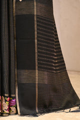 Black Semi Tusser Saree with Zari stripes and Floral Embroidered Border
