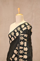 Black Semi-Tussar Silk Saree with Gold zari woven checks