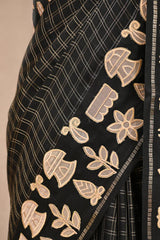Black Semi-Tussar Silk Saree with Gold zari woven checks