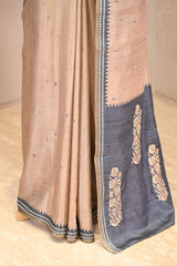 Classic Beige Semi-Tussar Saree with Floral Embroidery