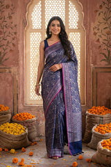 Navy Blue Jamdani Semi Silk Saree with Floral Jaal
