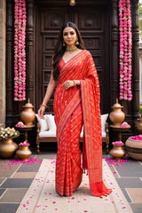 Red Jamdani Semi Silk Saree with Leheriya Pattern