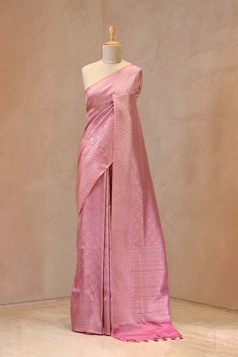 Pink Soft Silk Saree | Silver Zari Brocade | Chinaya Banaras