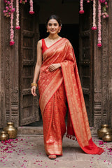 Red Soft Silk Saree With Antique Zari Floral Jaal