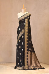Black Viscose Silk Saree with Gold and Silver Zari Floral Buta
