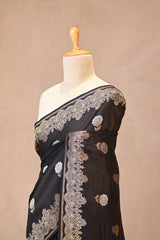 Black Viscose Silk Saree with Gold and Silver Zari Floral Buta