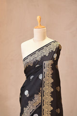 Black Viscose Silk Saree with Gold and Silver Zari Floral Buta