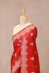 Red Viscose Silk Saree with Gold and Silver Zari Floral Buta