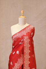 Red Viscose Silk Saree with Gold and Silver Zari Floral Buta