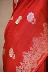 Red Viscose Silk Saree with Gold and Silver Zari Floral Buta