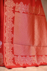 Red Viscose Silk Saree with Gold and Silver Zari Floral Buta