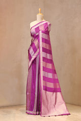 Purple Viscose Silk Saree with Gold and Silver Tissue Stripes