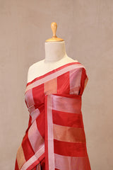 Red Viscose Silk Saree with Gold and Silver Tissue Stripes