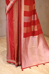 Red Viscose Silk Saree with Gold and Silver Tissue Stripes