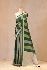 Green Viscose Silk Saree with Gold and Silver Tissue Stripes