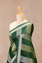Green Viscose Silk Saree with Gold and Silver Tissue Stripes