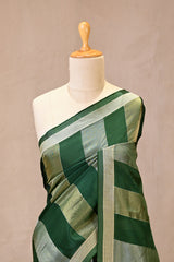 Green Viscose Silk Saree with Gold and Silver Tissue Stripes