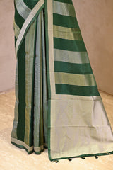 Green Viscose Silk Saree with Gold and Silver Tissue Stripes