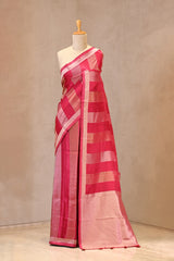 Pink Viscose Silk Saree with Gold and Silver Tissue Stripes