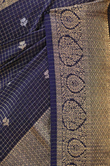 Blue Viscose Silk Saree with Checks and Floral Buti