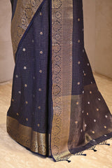 Blue Viscose Silk Saree with Checks and Floral Buti