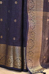 Blue Viscose Silk Saree with Checks and Floral Buti