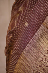 Brown Viscose Silk Saree with Checks and Floral Buti