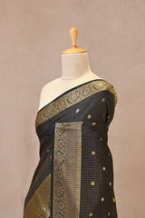 Black Viscose Silk Saree with Checks and Floral Buti
