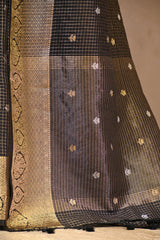 Black Viscose Silk Saree with Checks and Floral Buti