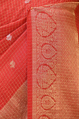 Red Viscose Silk Saree with Checks and Floral Buti