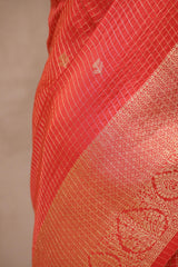 Red Viscose Silk Saree with Checks and Floral Buti