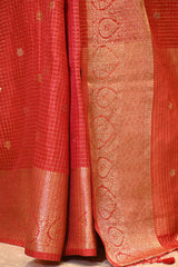 Red Viscose Silk Saree with Checks and Floral Buti