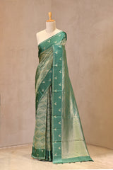 Green Viscose Saree with Gold Wave Texture And Gold Zari Pakshi Motif