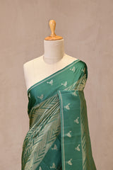 Green Viscose Saree with Gold Wave Texture And Gold Zari Pakshi Motif