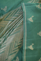 Green Viscose Saree with Gold Wave Texture And Gold Zari Pakshi Motif