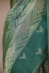 Green Viscose Saree with Gold Wave Texture And Gold Zari Pakshi Motif