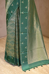 Green Viscose Saree with Gold Wave Texture And Gold Zari Pakshi Motif